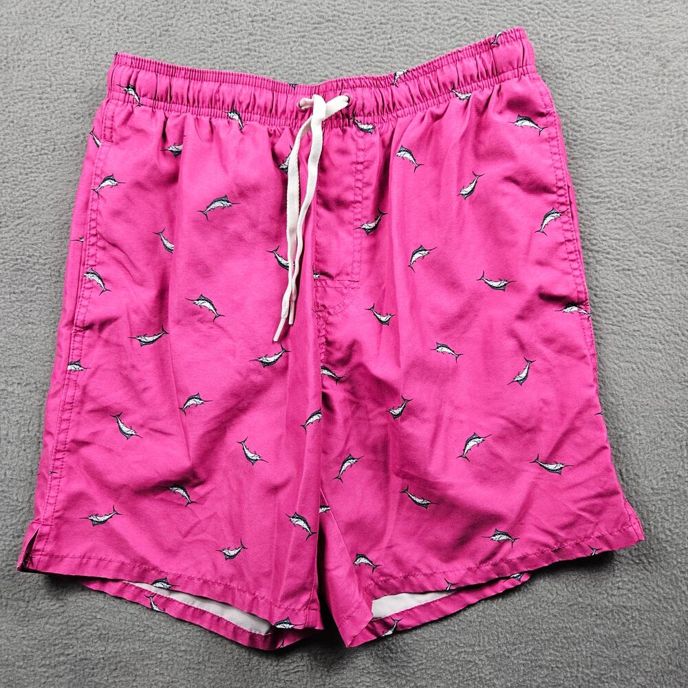 Old Navy Swim Shorts Shark Print Mens Small Pink Pockets